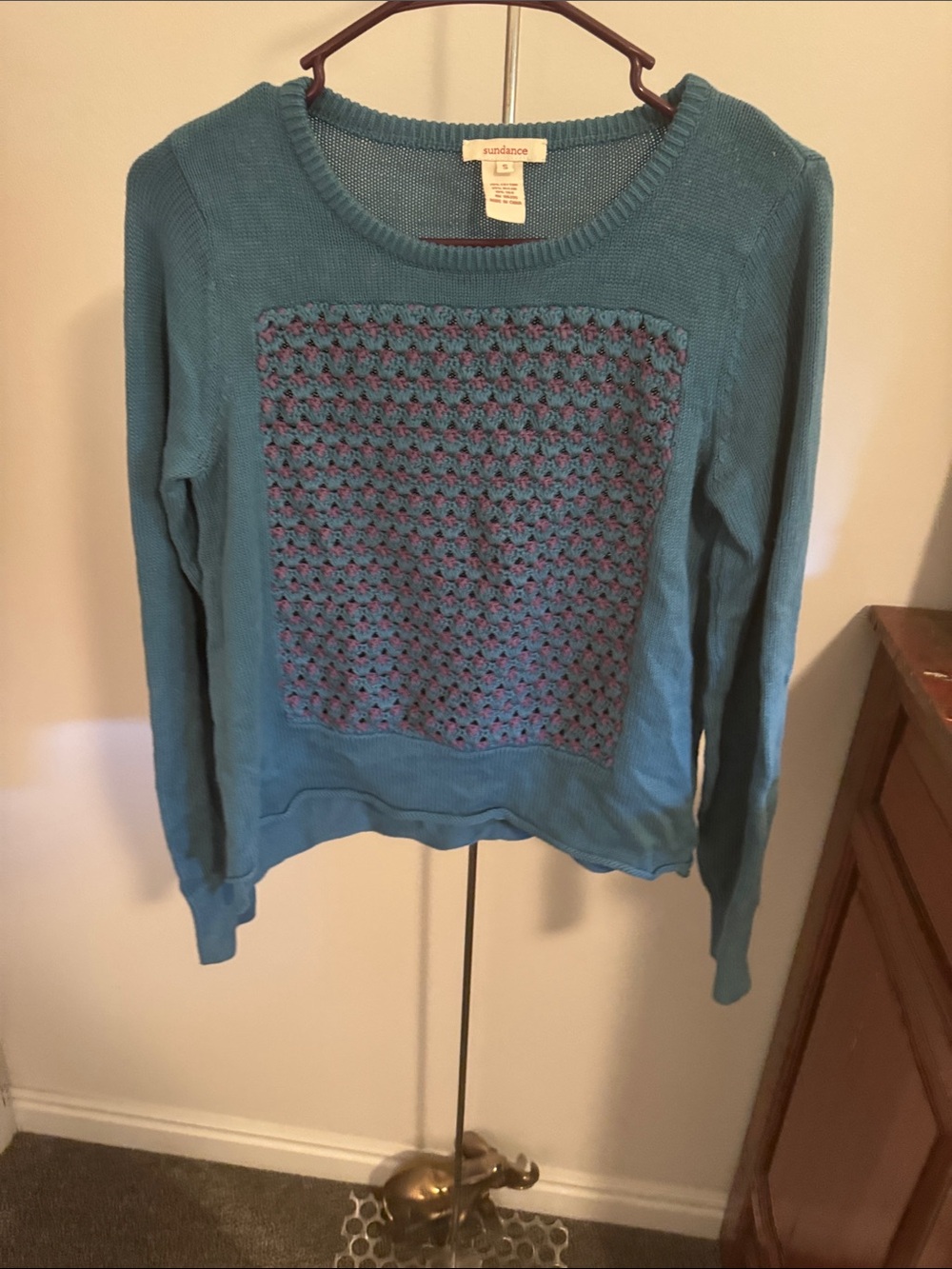 Sundance Teal/Grey with Lavender Crochet Panel Sweater